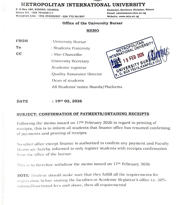 Metropolitan International University Notice: Confirmation of Payments & Receipt Issuance
